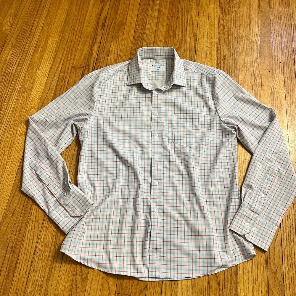 &Collar Performance Shirt Mens Medium Plaid White Blue Button Slim Long Sleeve